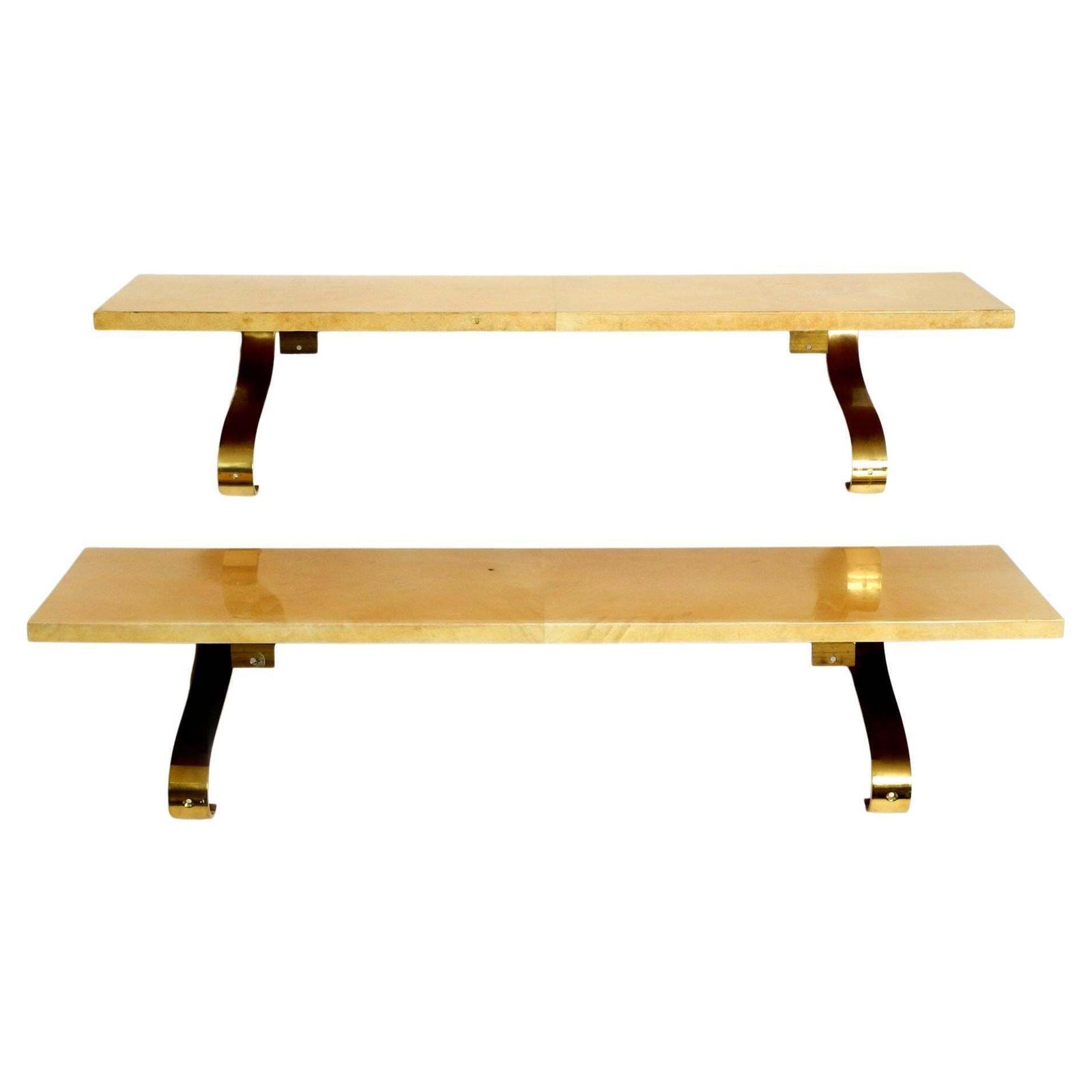 Two Beautiful, Very Rare 1960s Large Aldo Tura Shelves Made Of Wood And Goatskin