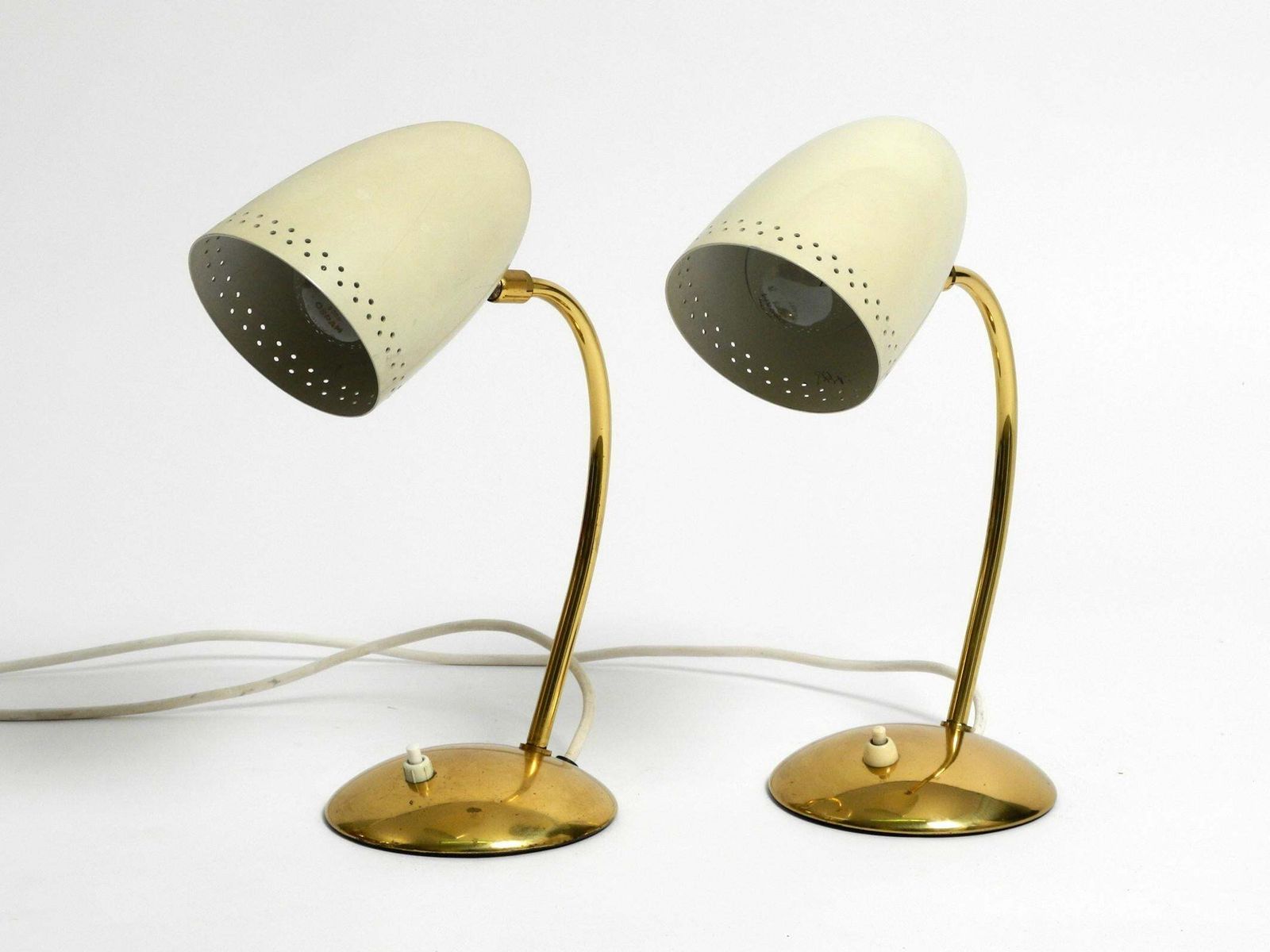 Pair Of Beautiful German Mid Century Modern Brass Table Lamps With Metal Shades photo for sale