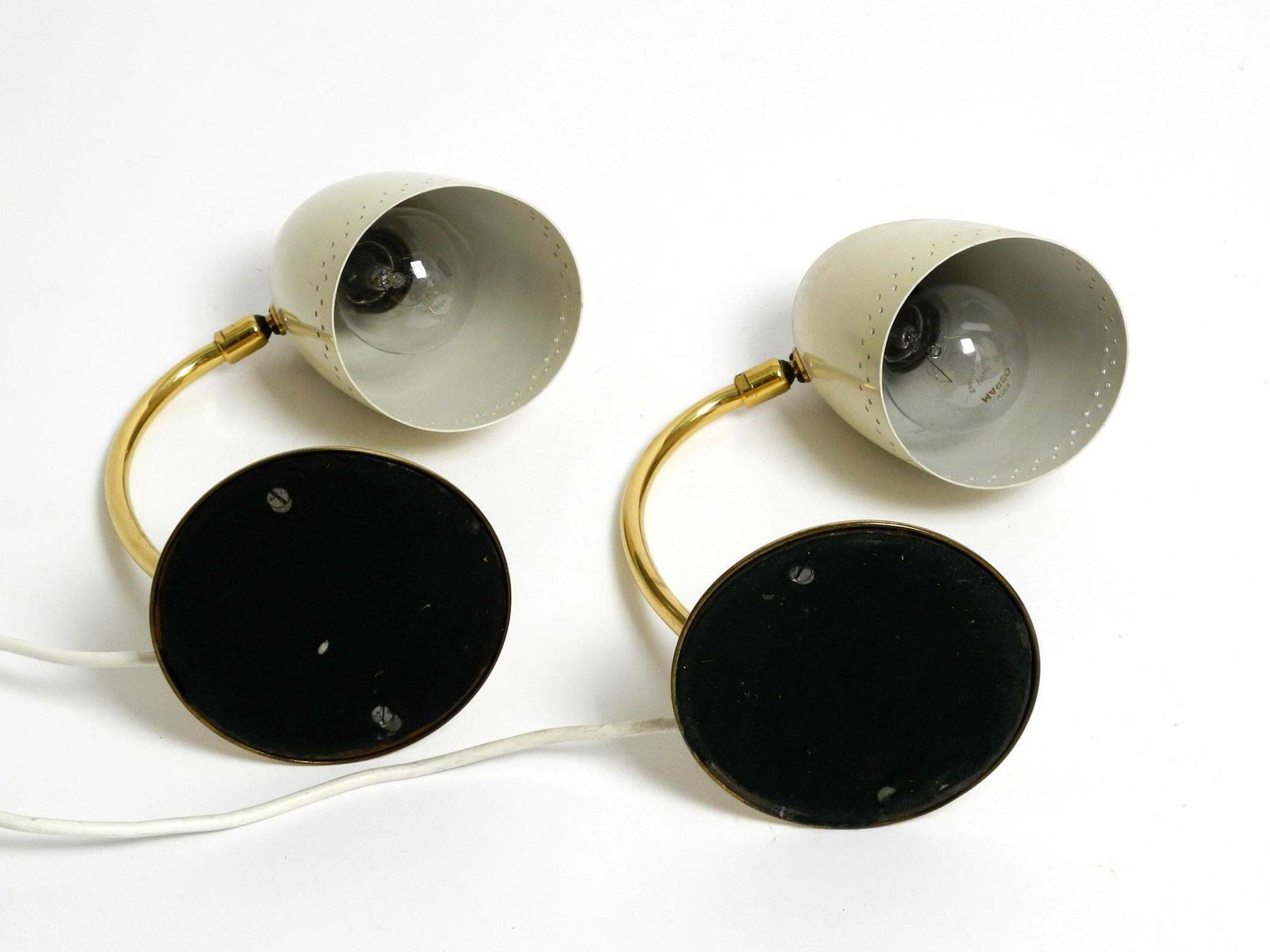 photo for sale Pair Of Beautiful German Mid Century Modern Brass Table Lamps With Metal Shades