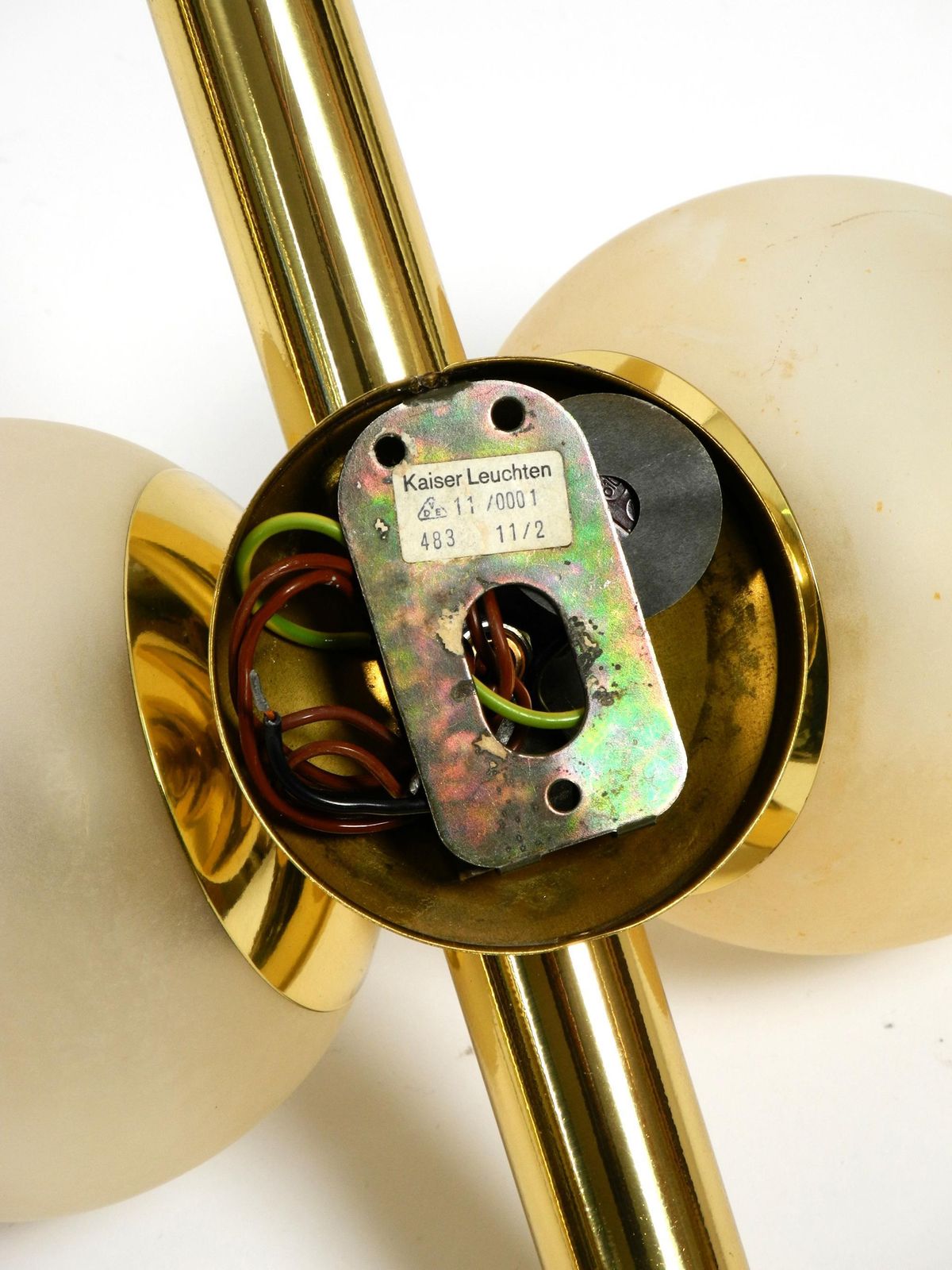 photo for sale Pair Of Beautiful 1960s Kaiser Brass Wall Lamps With Two Golden Glass Spheres
