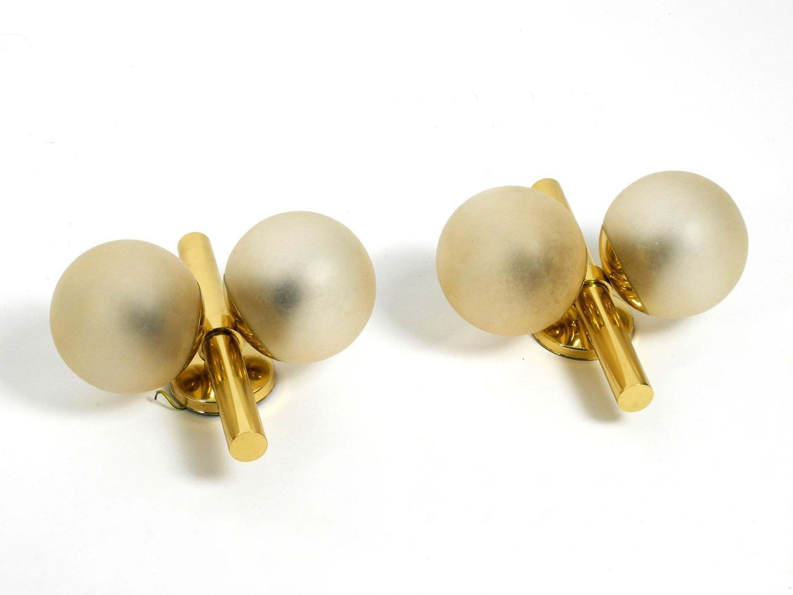 1275.0 Pair Of Beautiful 1960s Kaiser Brass Wall Lamps With Two Golden Glass Spheres photo