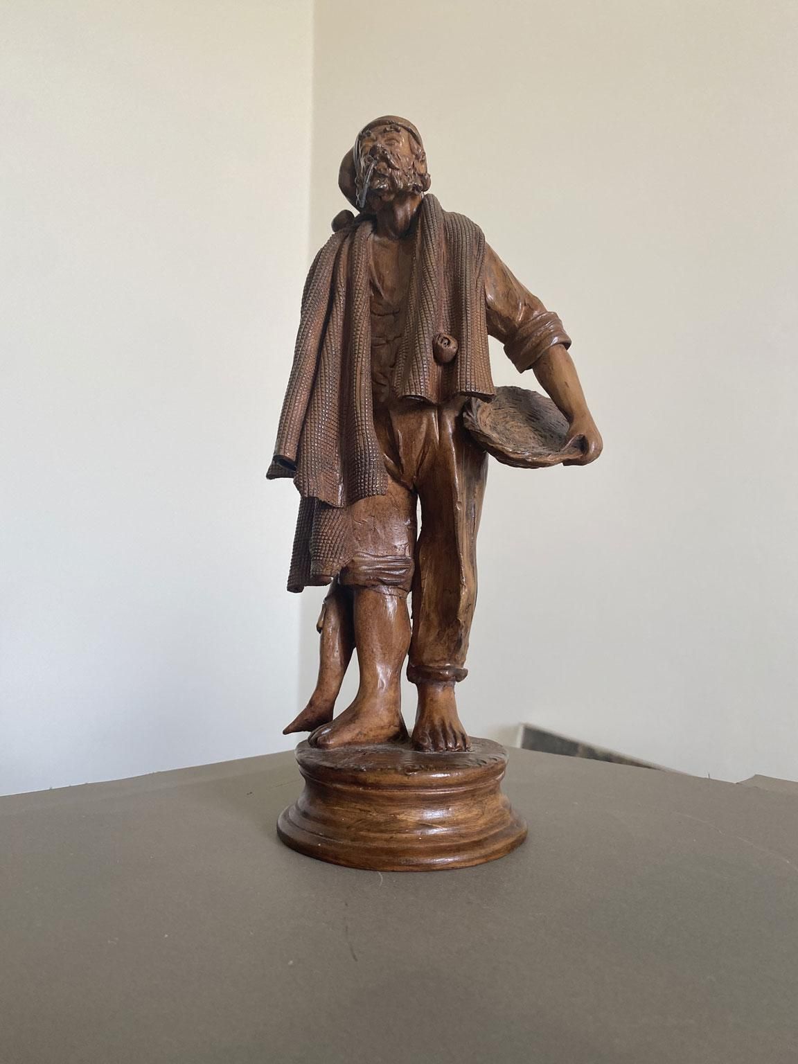 Italy Late 20th Century Carved Wooden Fisherman Sculpture photo furniture