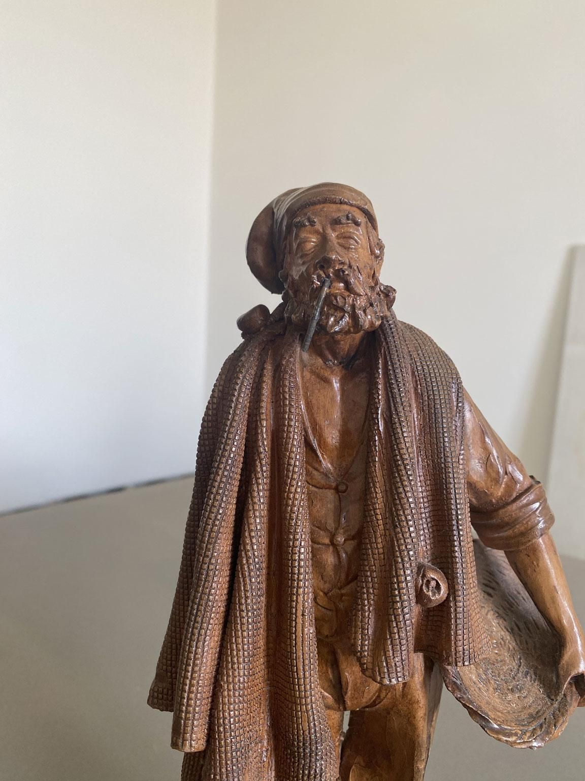 Italy Late 20th Century Carved Wooden Fisherman Sculpture photo Art
