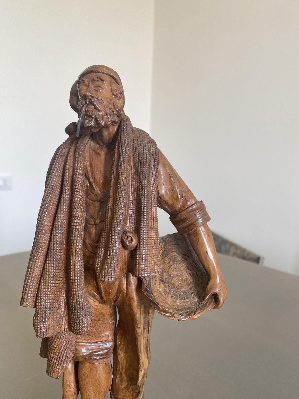 Italy Late 20th Century Carved Wooden Fisherman Sculpture photo 743.0