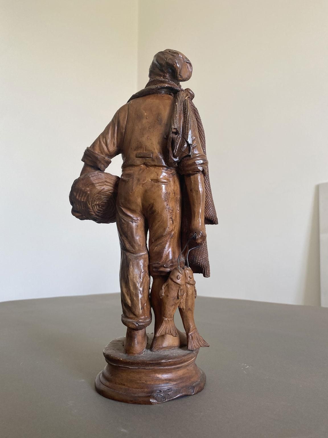 Art Italy Late 20th Century Carved Wooden Fisherman Sculpture photo