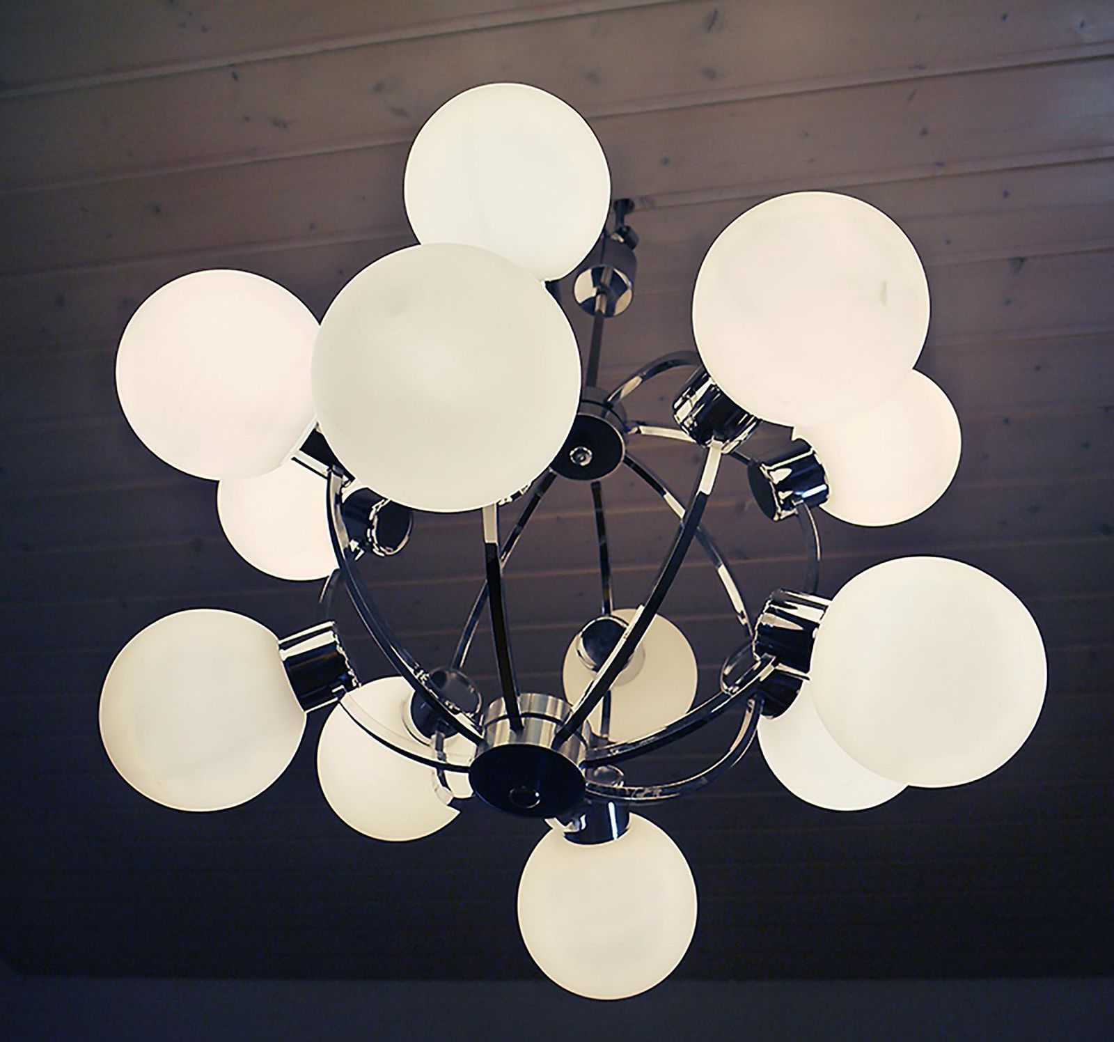 German 26" Atomic Sputnik Chandelier White Glass Globes & Chrome By Kaiser 1970s photo furniture