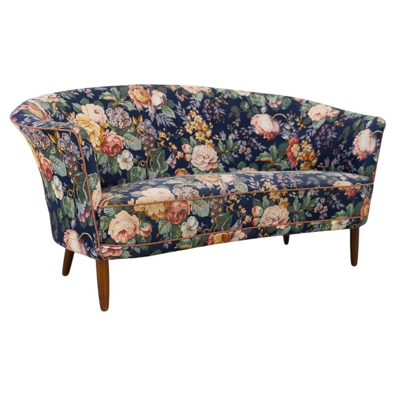 Danish Mid Century Two Seater Banana Sofa With Floral Fabric, 1950s.