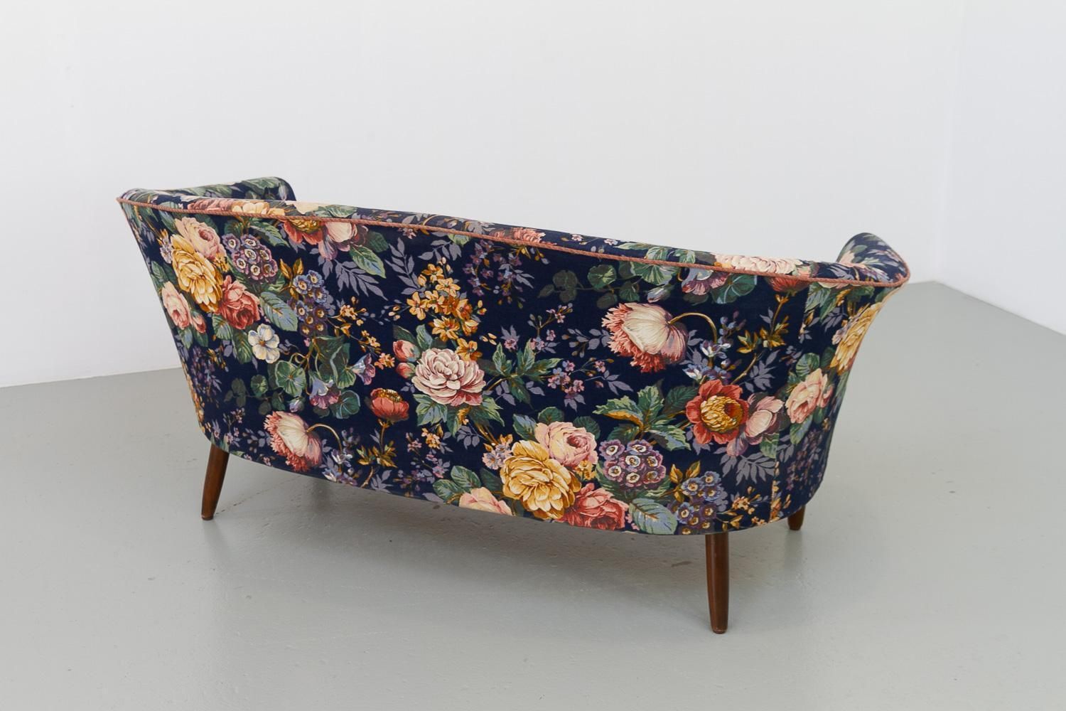 Danish Mid Century Two Seater Banana Sofa With Floral Fabric, 1950s. photo vinterior
