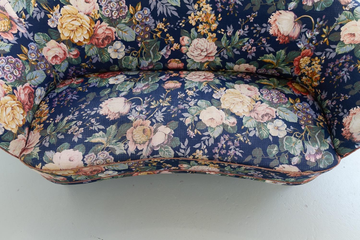 photo for sale Danish Mid Century Two Seater Banana Sofa With Floral Fabric, 1950s.