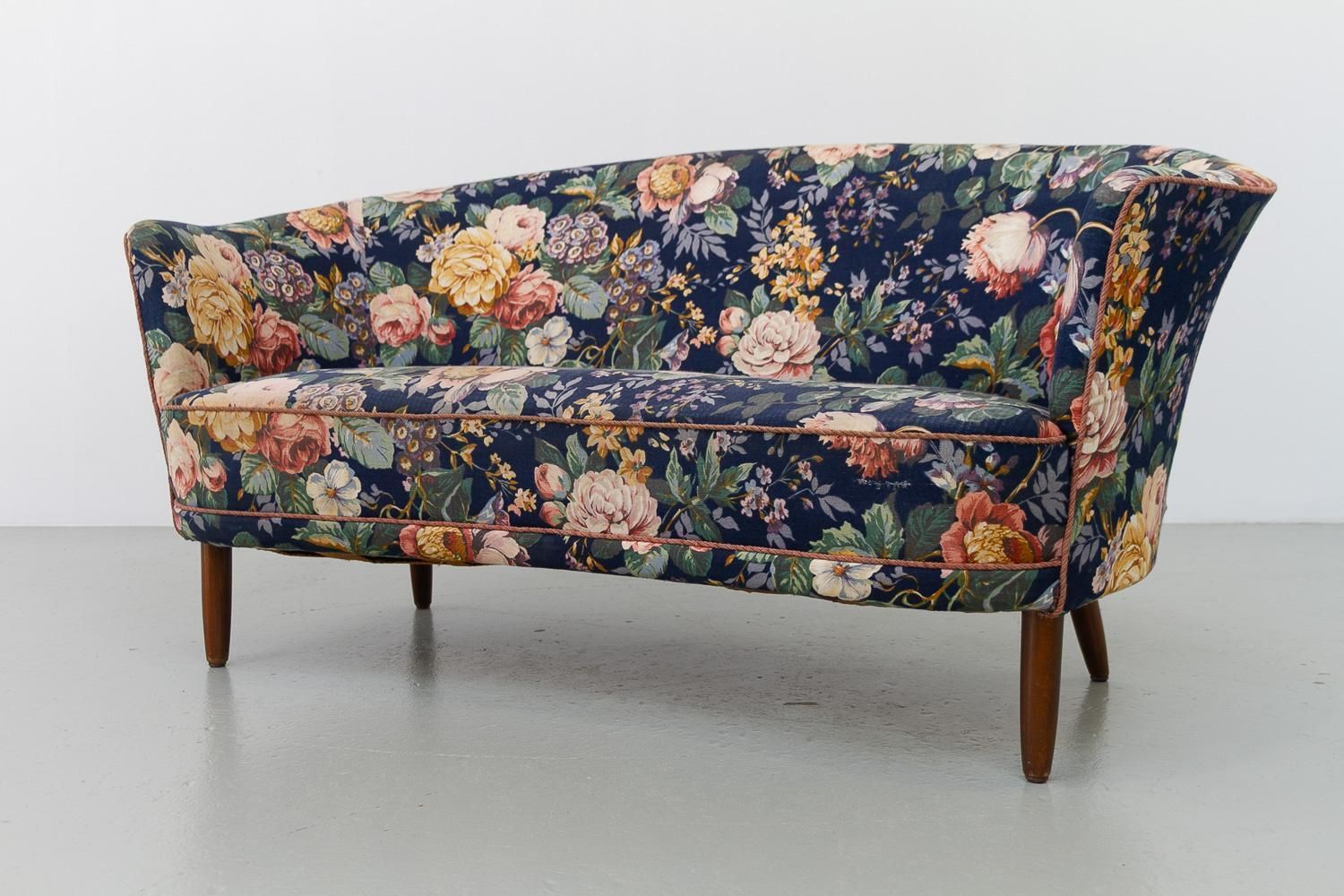 photo buy Danish Mid Century Two Seater Banana Sofa With Floral Fabric, 1950s.