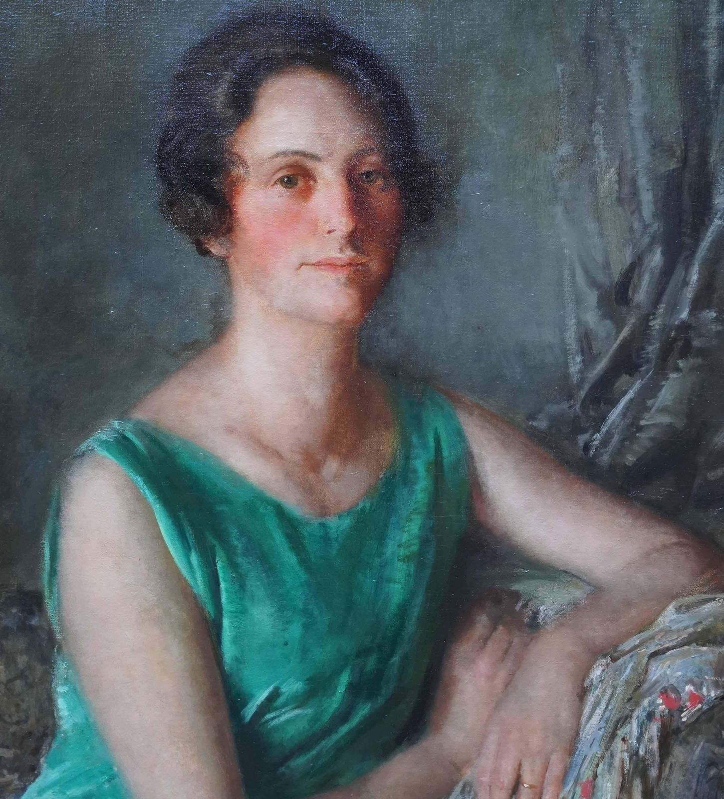 Walter Westley Russellportrait Of Mrs Guy Houlder In Green Dress   British Exhib Art Deco Oil Painting1927 photo Art