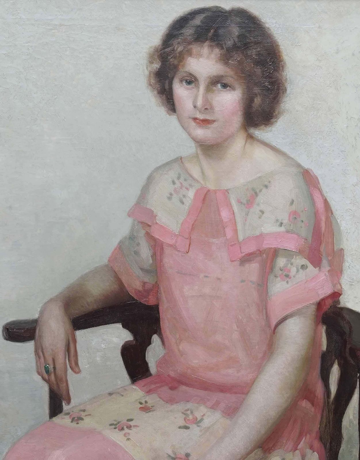 James P Barracloughportrait Of A Lady In Pink Dress   British 1920's Art Deco Portrait Oil Painting1923 photo for sale