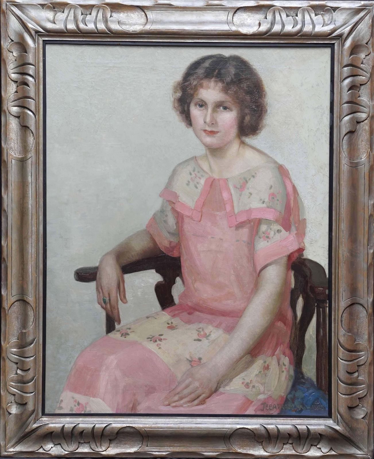 Art James P Barracloughportrait Of A Lady In Pink Dress   British 1920's Art Deco Portrait Oil Painting1923 photo