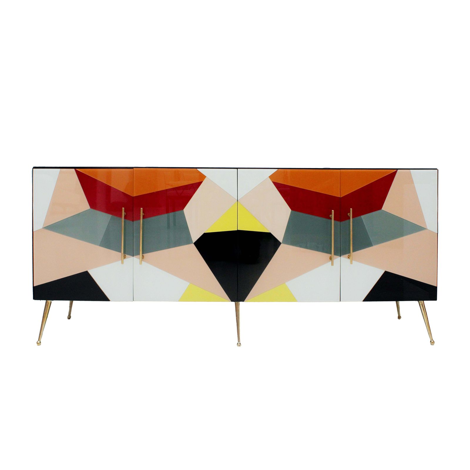 Mid Century Italian Sideboard, Colorful Glass And Brass, Geometric Design. photo buy