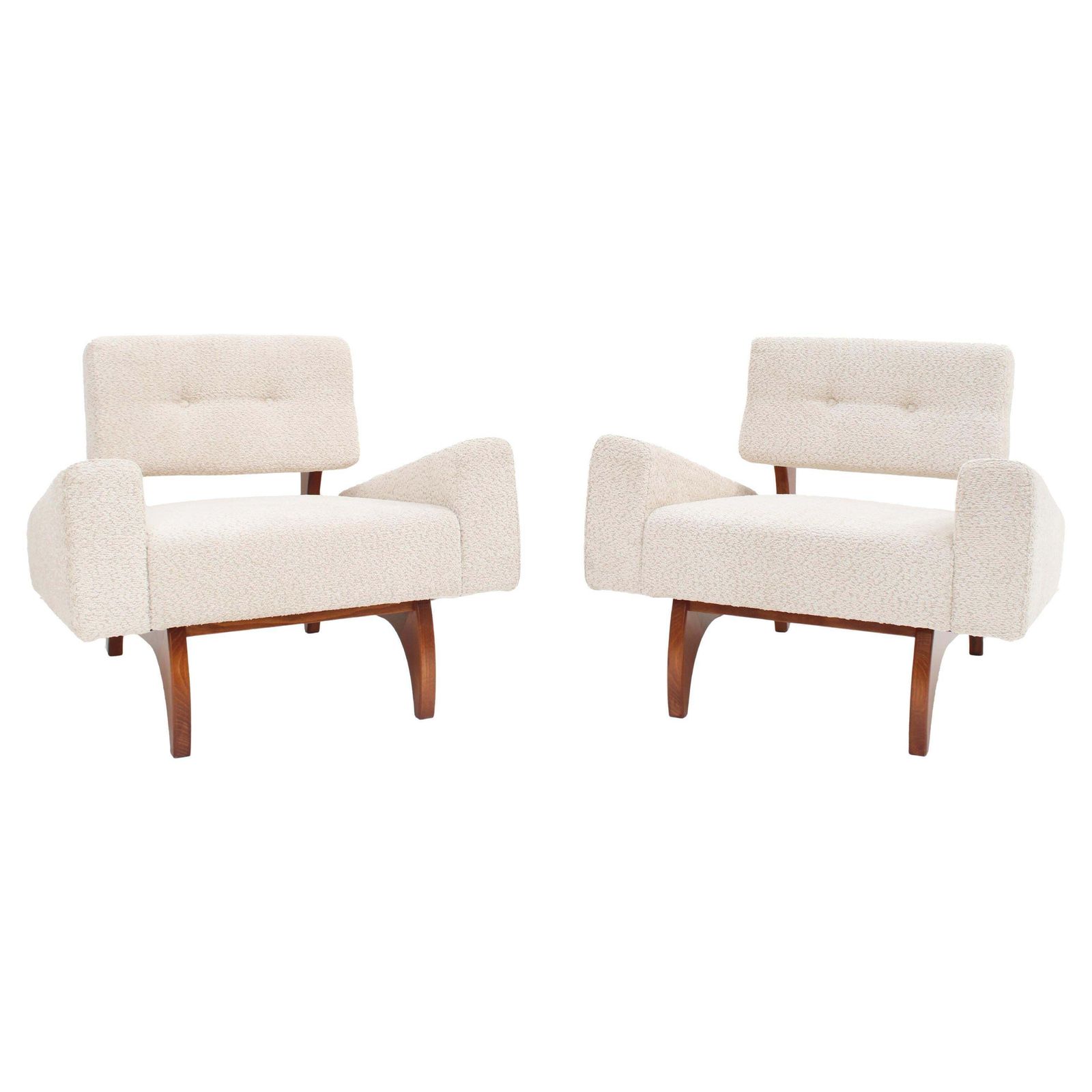 Pair Of Italian Contemporary Walnut Armchairs With White Bouclé Upholstery