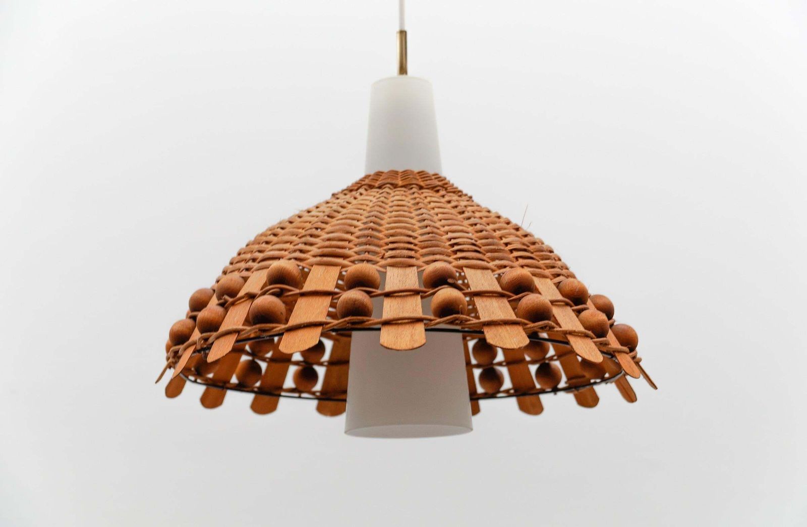photo furniture Mid Century Modern Pendant Light In Rattan And Opaline Glass And Copper , 1960s