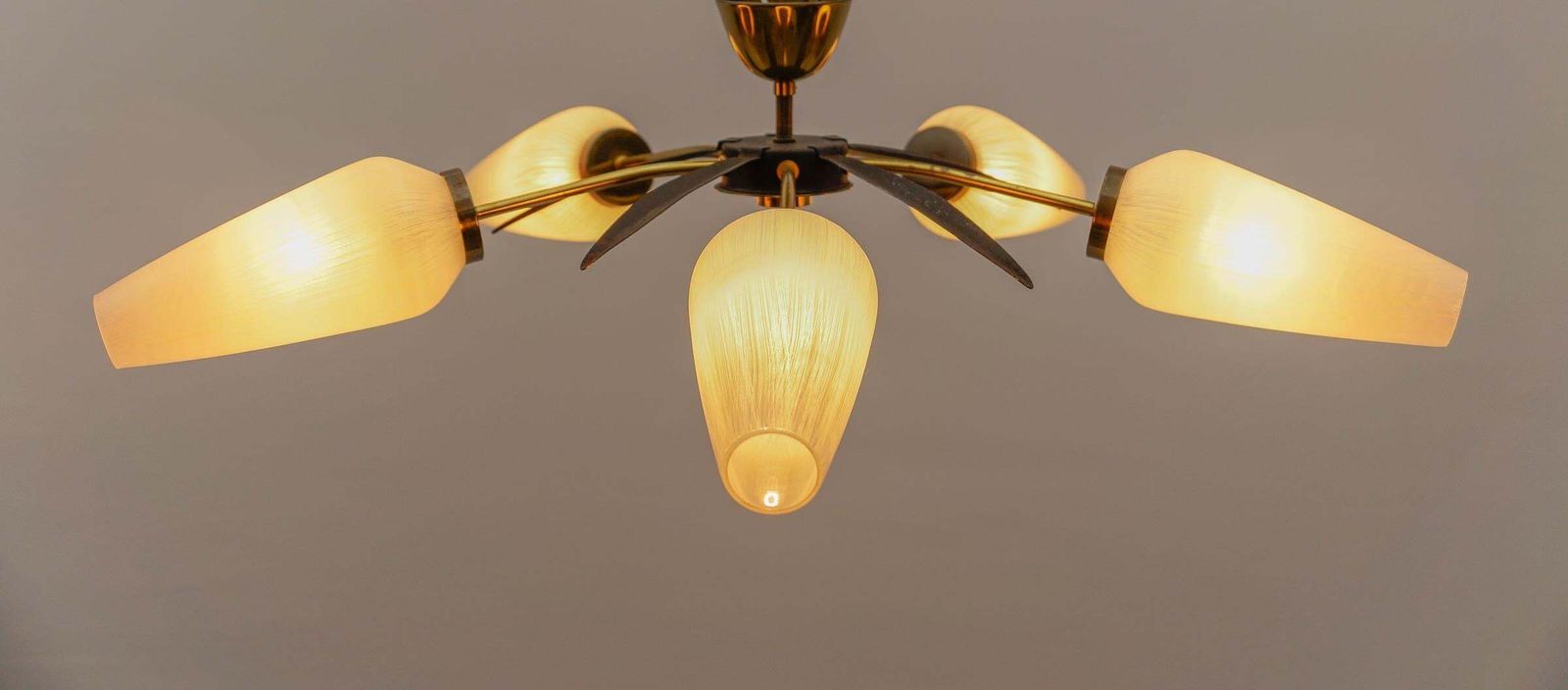 Mid Century Modern 5 Armed Brass And Glass Sputnik Lamp, 1950 photo vinterior