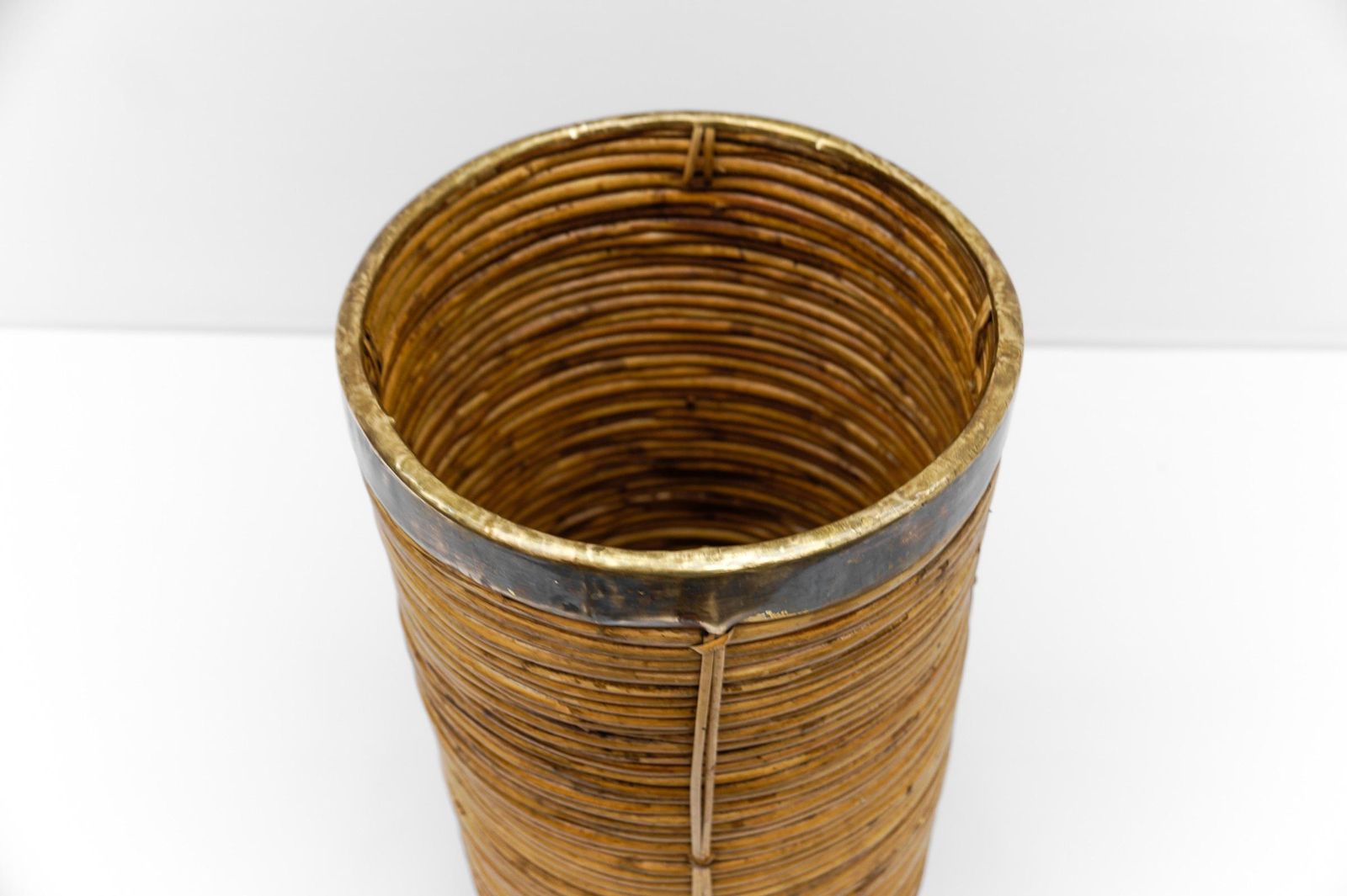 photo furniture Lovely Rattan And Brass Umbrella Stand In Gebriella Crespi Style, 1960s Italy