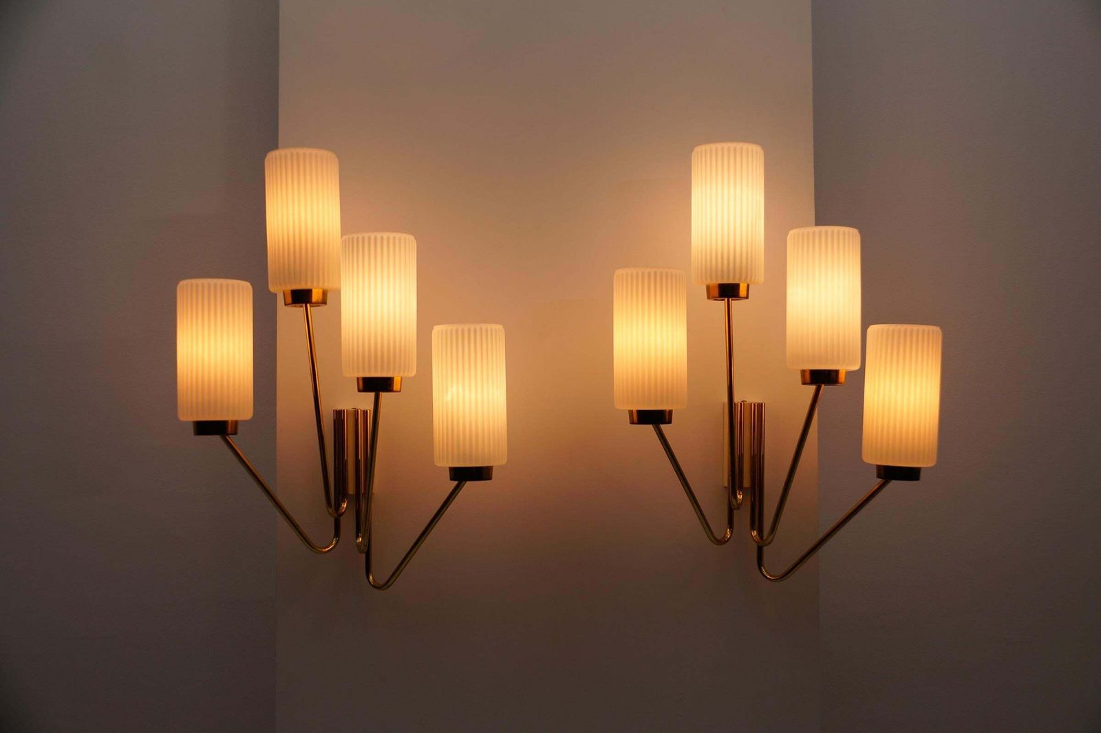 Pair Of Large Mid Century Modern Wall Lamps In Brass And Opaline Glass, 1950s photo Lighting