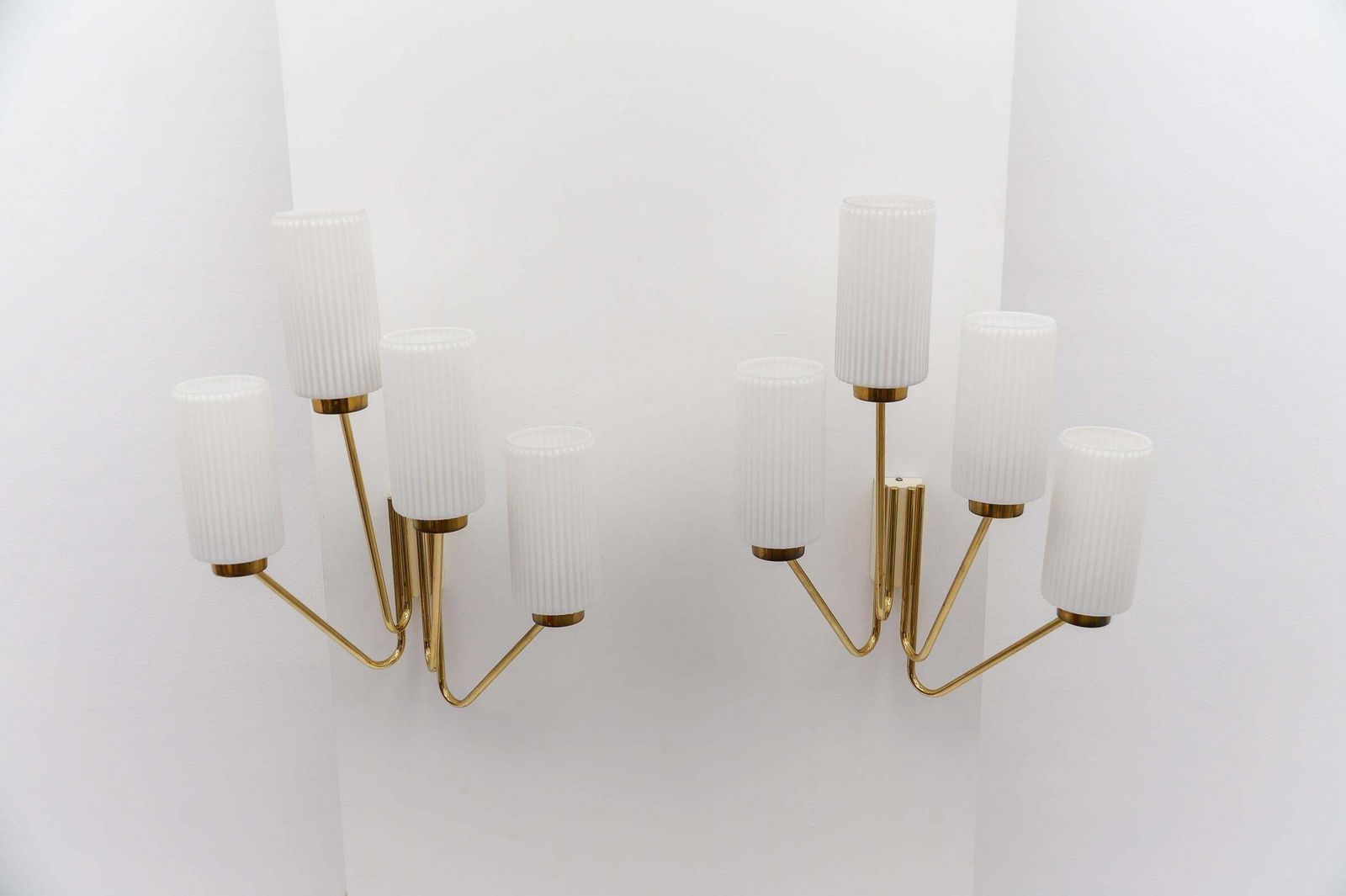 Pair Of Large Mid Century Modern Wall Lamps In Brass And Opaline Glass, 1950s photo vinterior