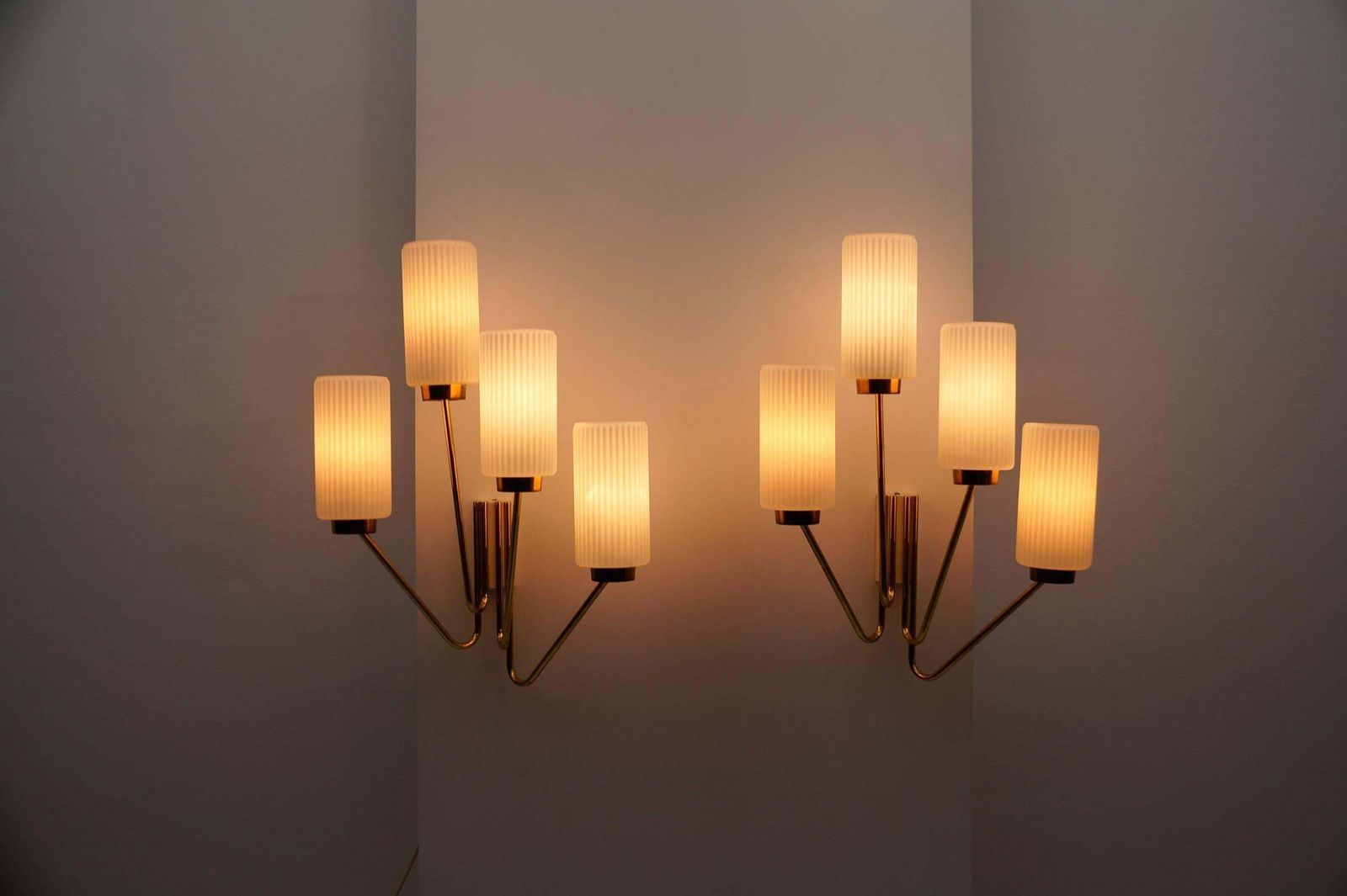 Pair Of Large Mid Century Modern Wall Lamps In Brass And Opaline Glass, 1950s photo buy