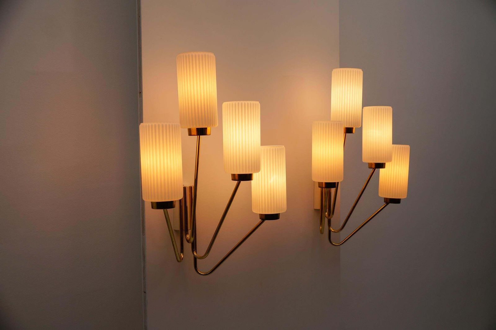 3119.0 Pair Of Large Mid Century Modern Wall Lamps In Brass And Opaline Glass, 1950s photo