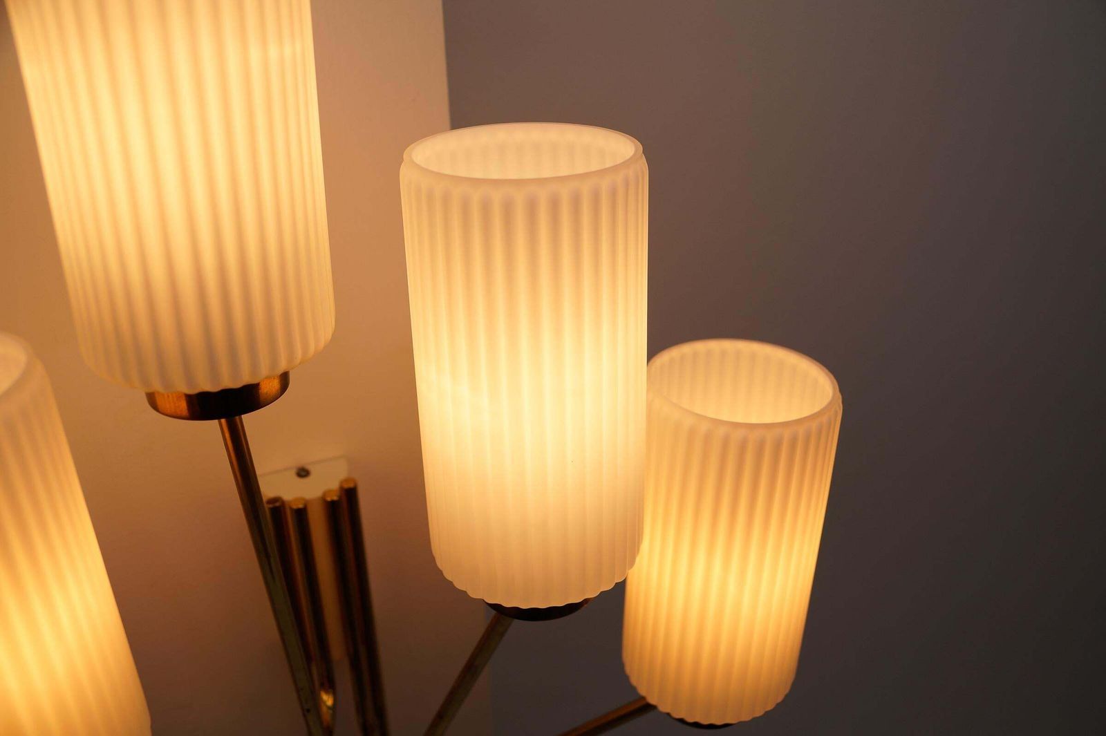 photo buy Pair Of Large Mid Century Modern Wall Lamps In Brass And Opaline Glass, 1950s