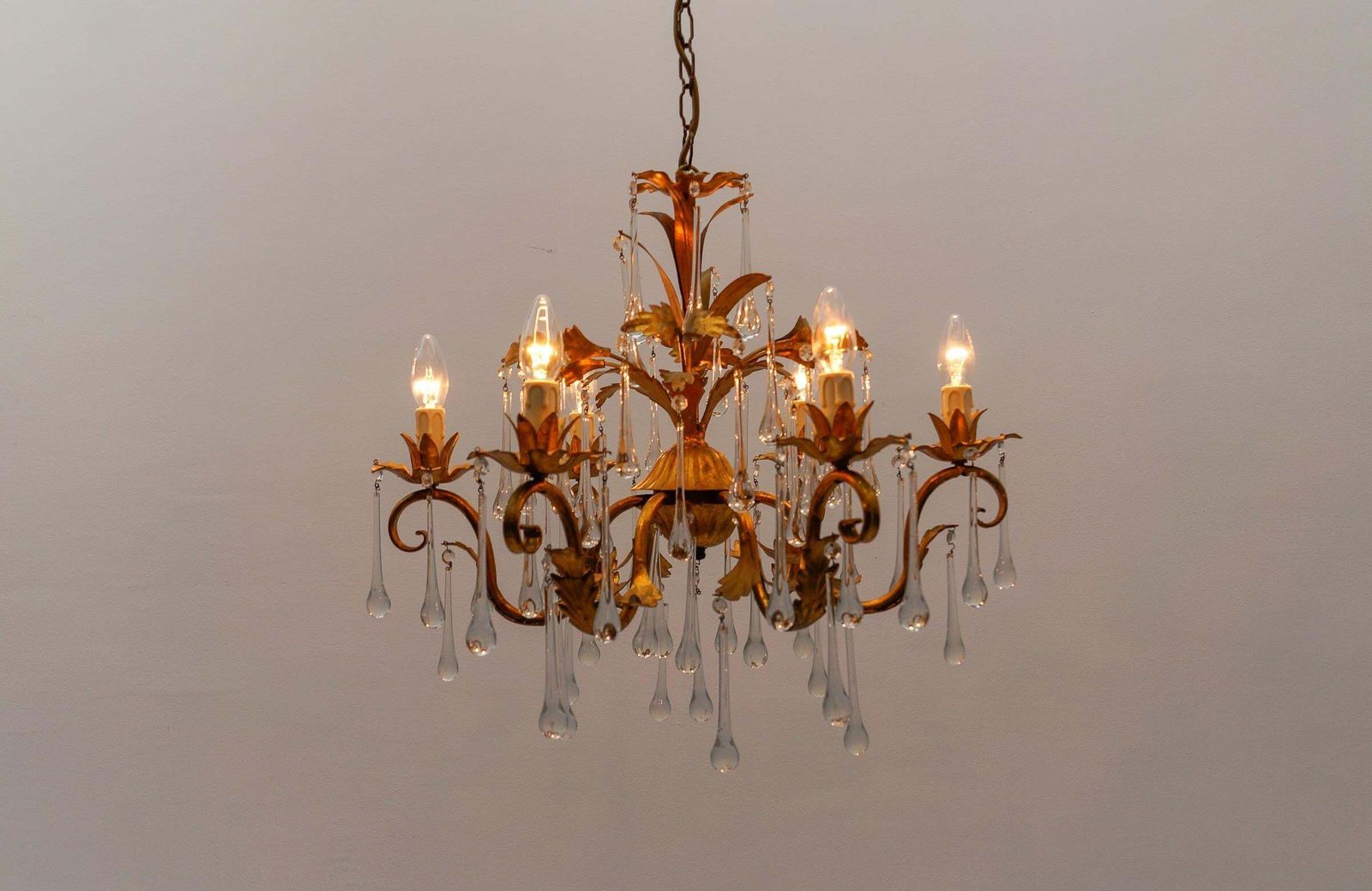 Huge Floral 6 Light Ceiling Lamp With Crystal Drops By Hans Kögl, Germany, 1970s photo Lighting