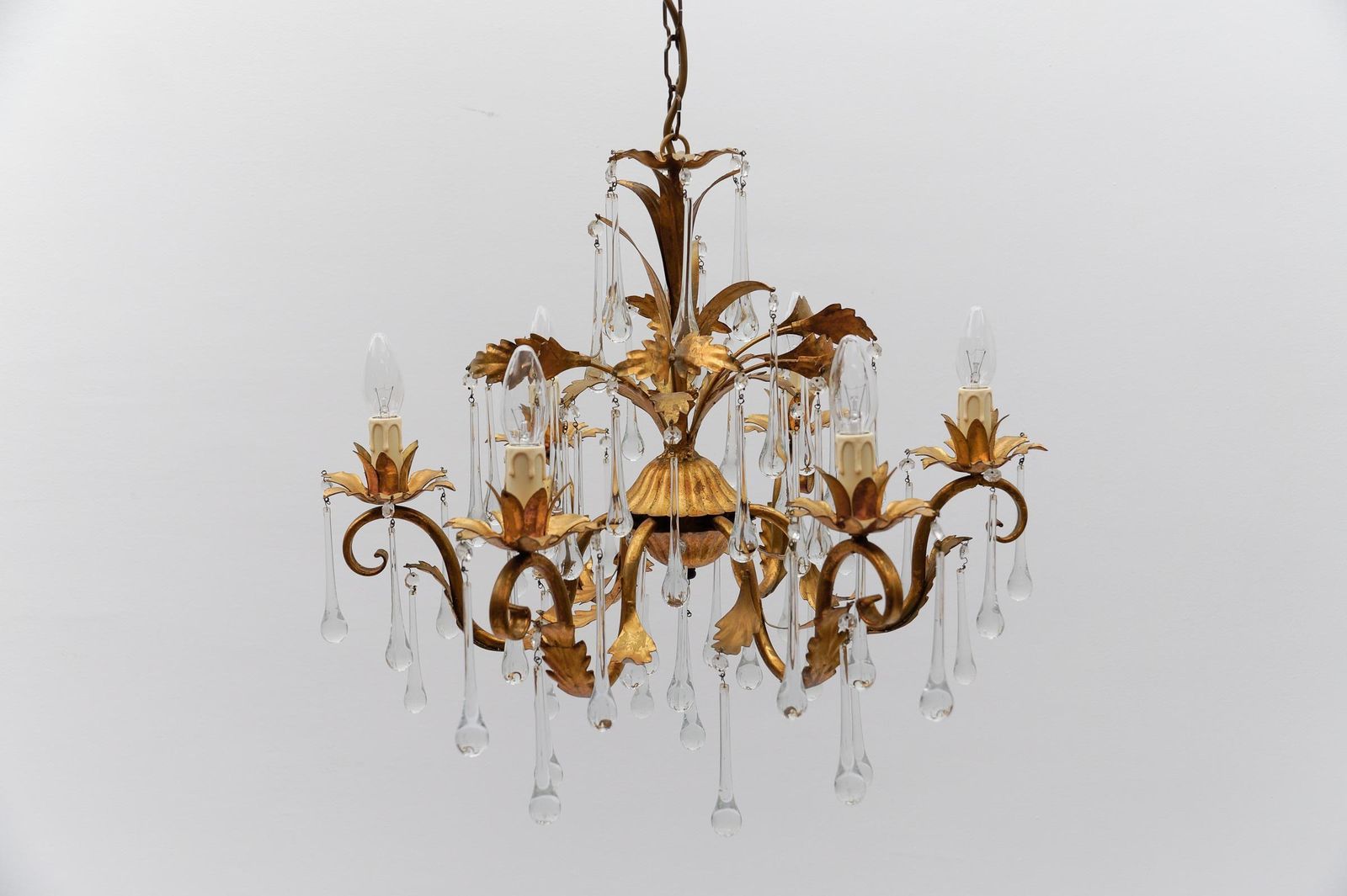 Huge Floral 6 Light Ceiling Lamp With Crystal Drops By Hans Kögl, Germany, 1970s photo buy