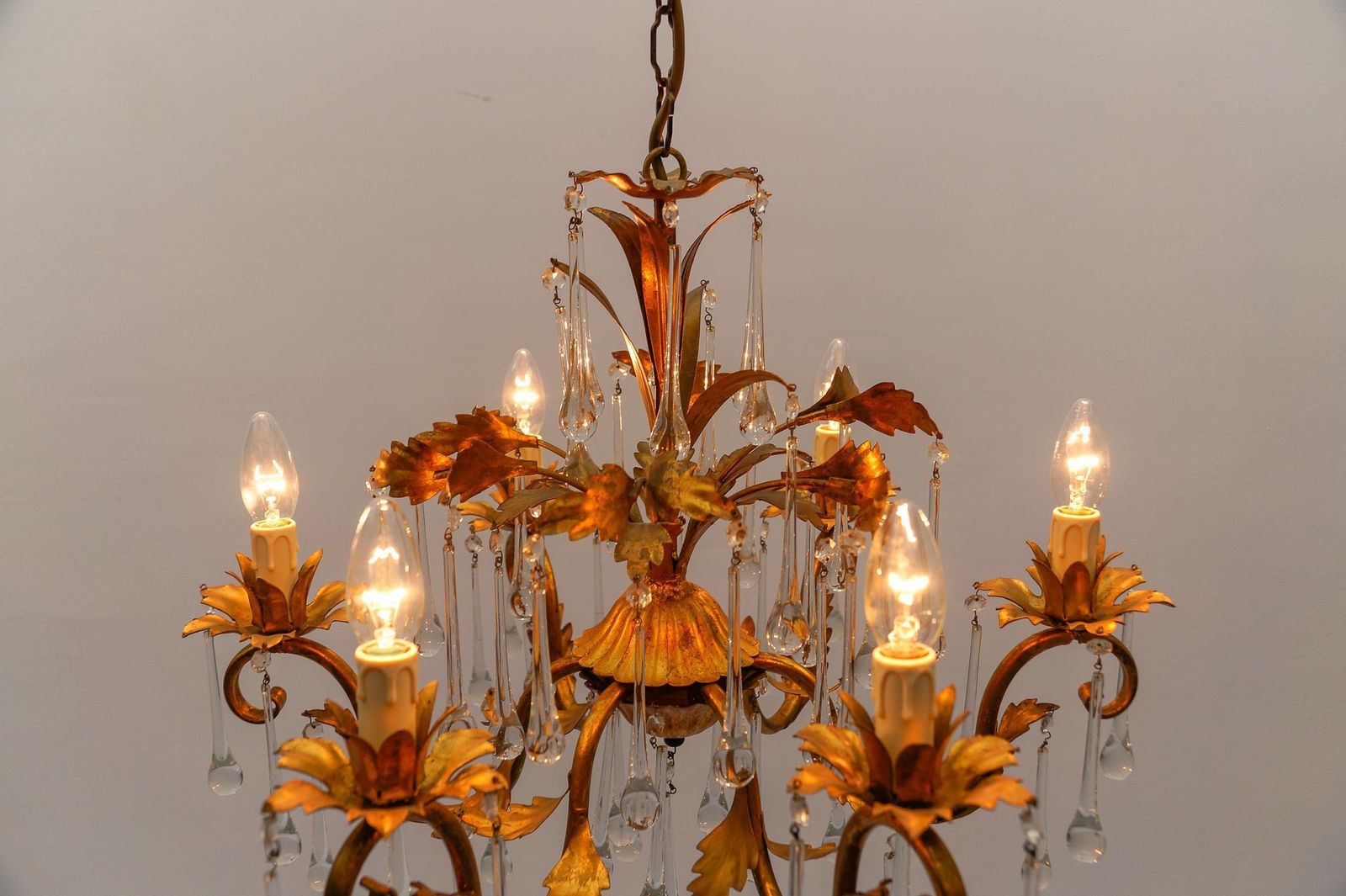 photo furniture Huge Floral 6 Light Ceiling Lamp With Crystal Drops By Hans Kögl, Germany, 1970s