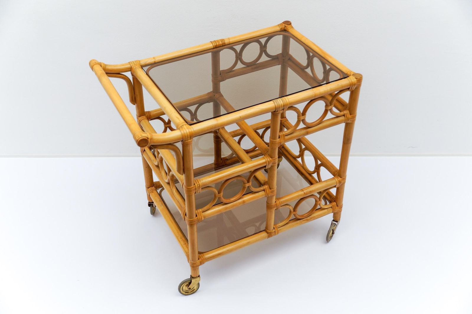 photo for sale Bamboo And Smoked Glass Bar Cart Serving Trolley With Bottle Holder, 1950s Italy
