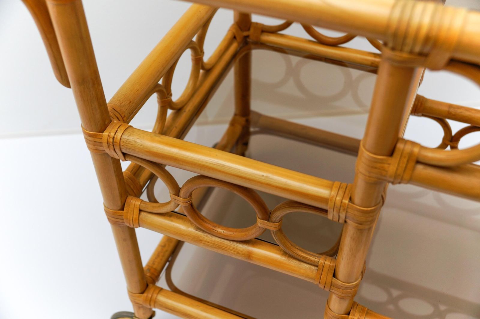 photo vinterior Bamboo And Smoked Glass Bar Cart Serving Trolley With Bottle Holder, 1950s Italy