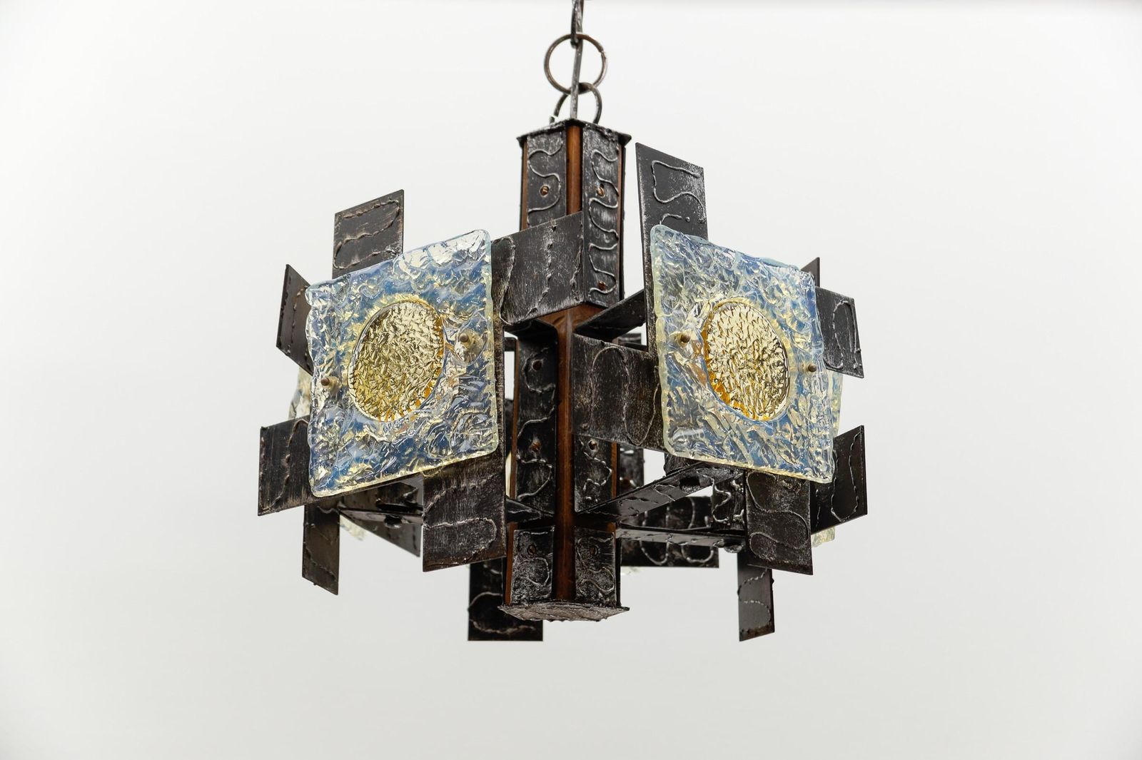 Rustic Ceiling Lamp In Wood, Iron And Murano Glass, 1960s Italy photo buy