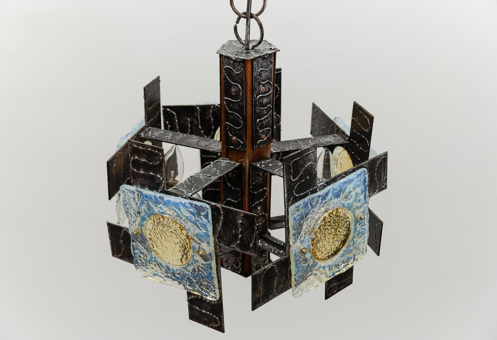 photo vinterior Rustic Ceiling Lamp In Wood, Iron And Murano Glass, 1960s Italy