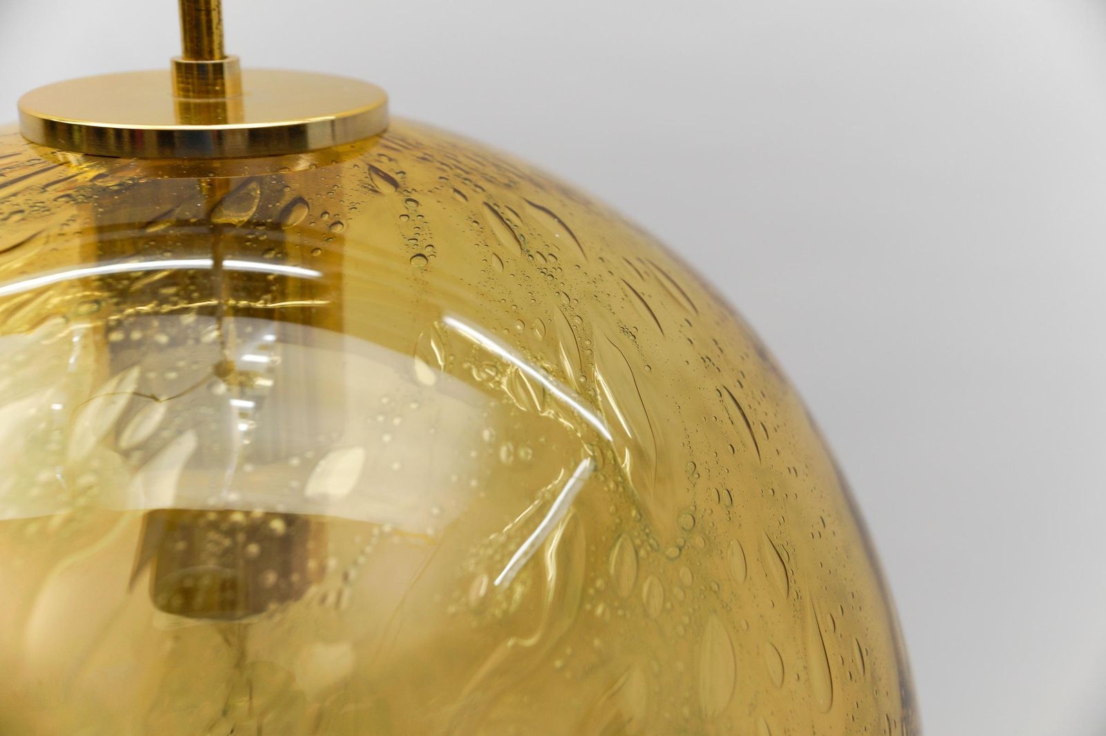photo for sale Lovely Yellow Glass Ball And Brass Pendant Lamp By Doria,   1960s Germany