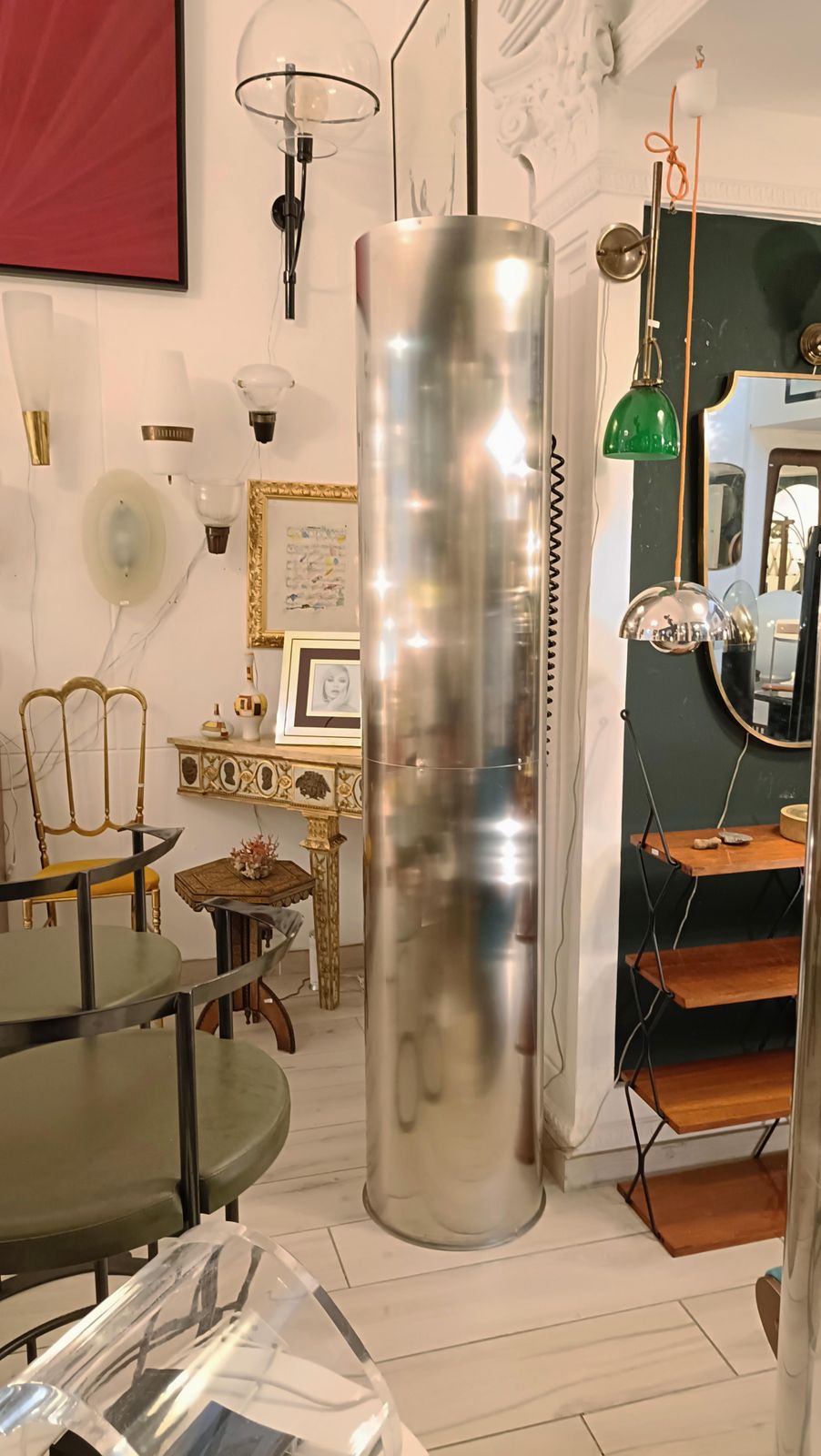 Pair Of Cylindrical Chrome Metal Floor Lamps, Italy 1980s photo 3466.0