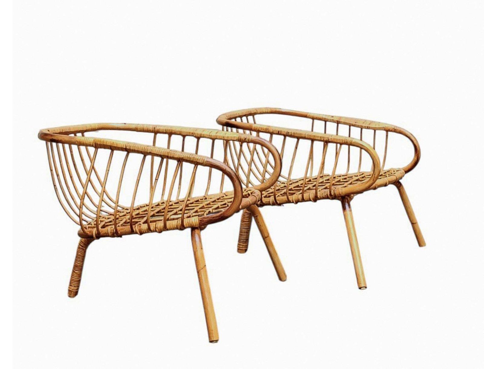 Pair Of Wide Bamboo And Rattan Armchairs, Italy 1960s photo for sale