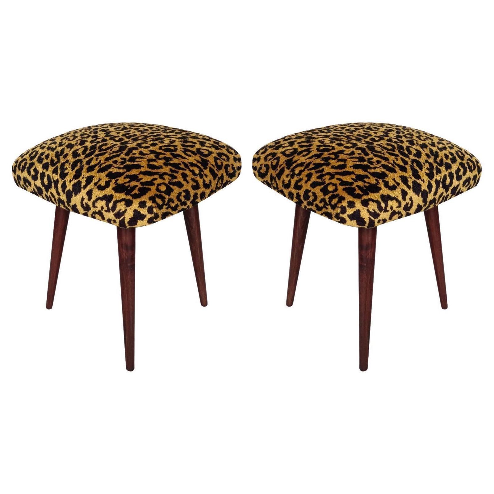Pair Of Mid Century Leopard Velvet Stools, Europe, 1960s