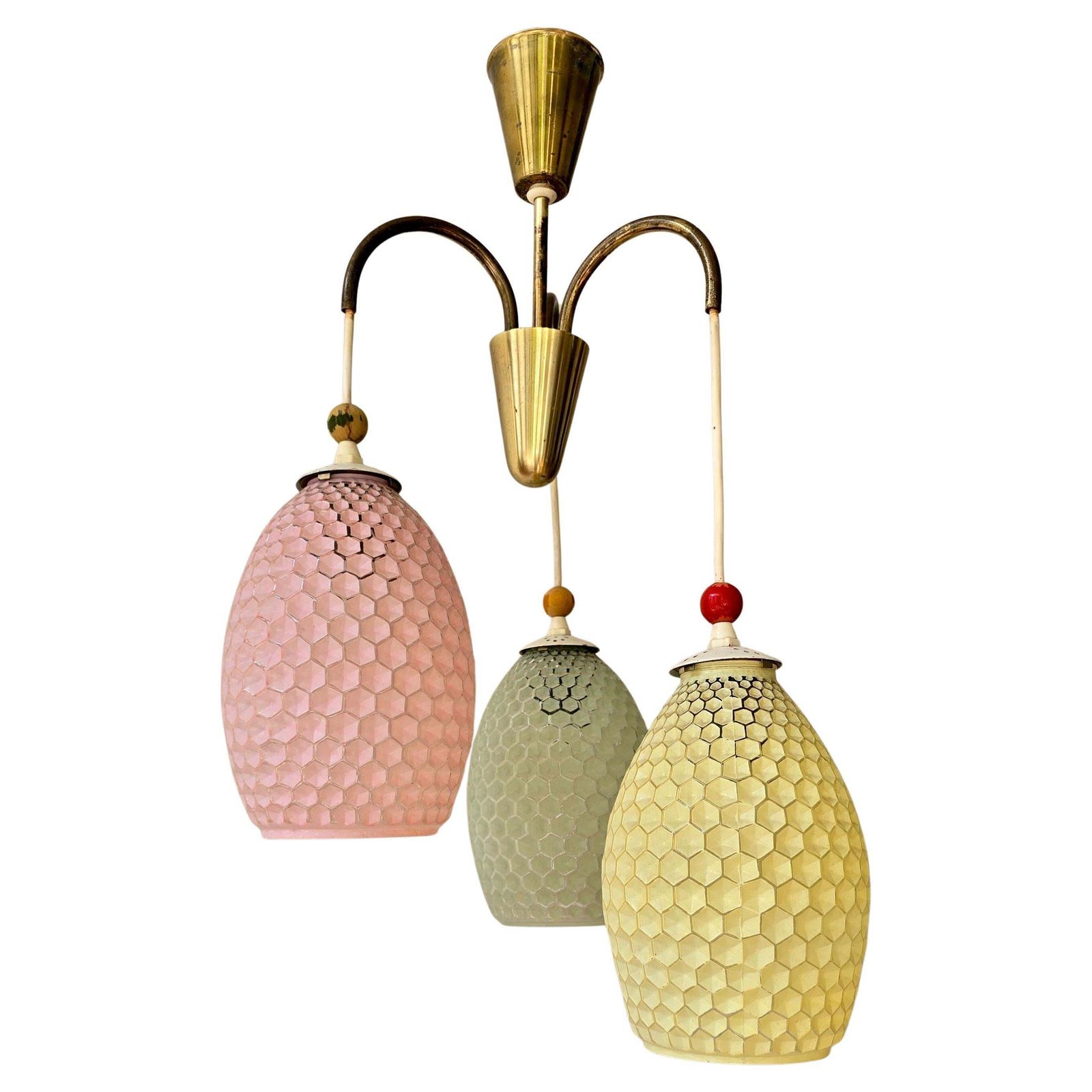 Mid Century Honeycomb Glass Pendant With Brass – Ukraine, 1950s photo Lighting