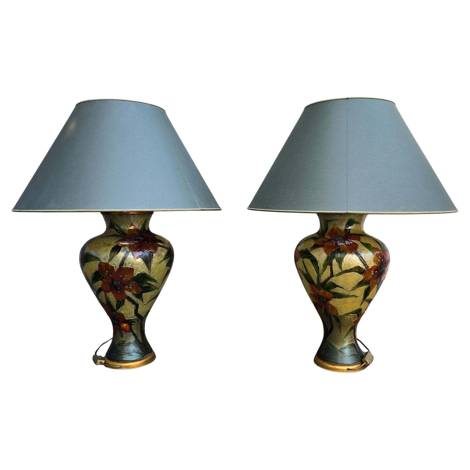 Pair Of Hand Painted Floral Glass Table Lamps – Italy, Circa 1980 photo Lighting