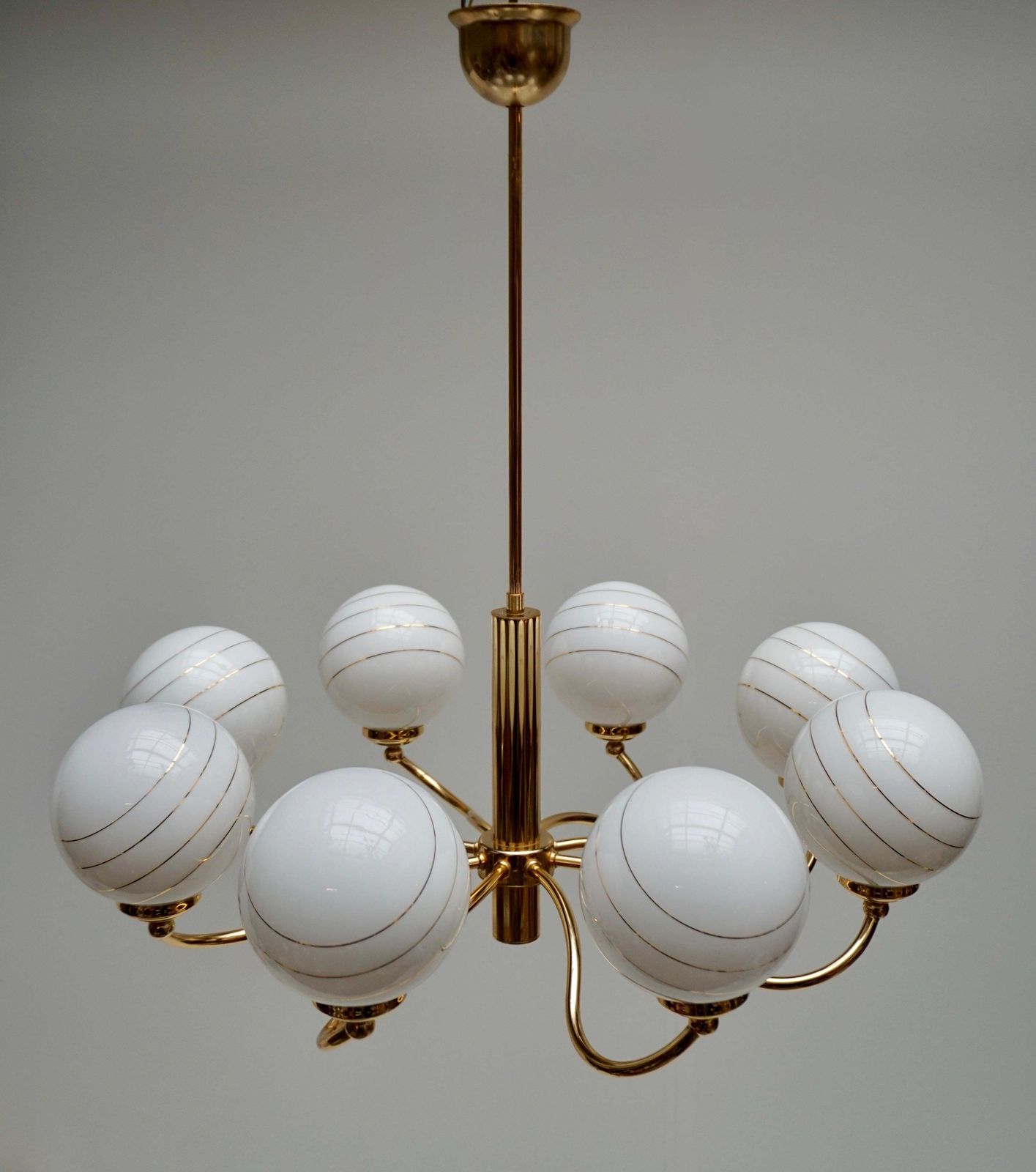 photo furniture Two Elegant Italian Mid Century Brass And Glass Chandeliers, 1970s