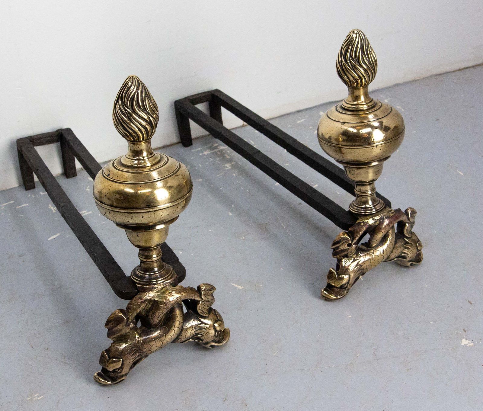 Pair Of Louis XIV Bronze & Wrought Iron Dolphin Andirons, France, Late 17th C photo furniture