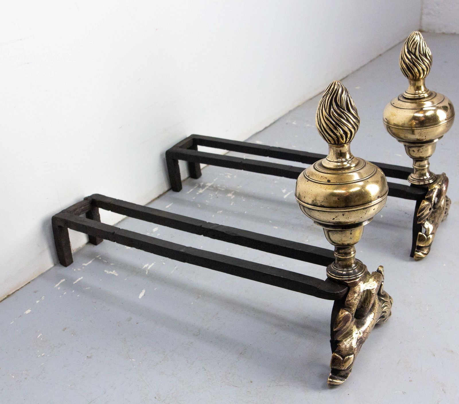Pair Of Louis XIV Bronze & Wrought Iron Dolphin Andirons, France, Late 17th C photo for sale