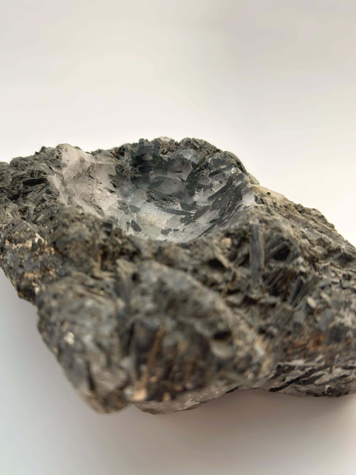 Raw Quartz Crystal Bowl With Black Tourmaline Inclusions, Brazil photo buy