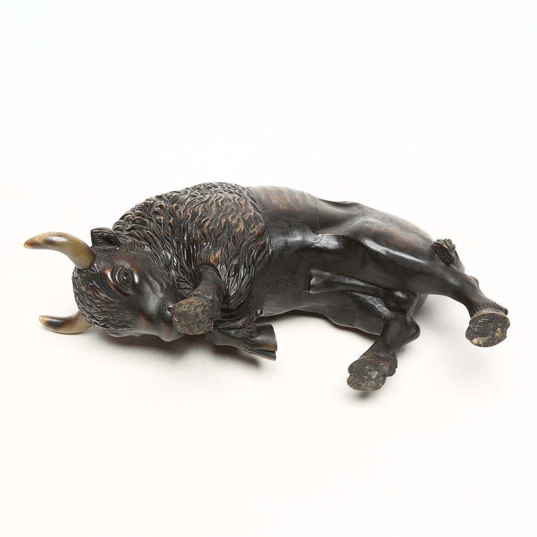 Art Deco Rare Wooden Ox Sculpture From 1932 photo vintage