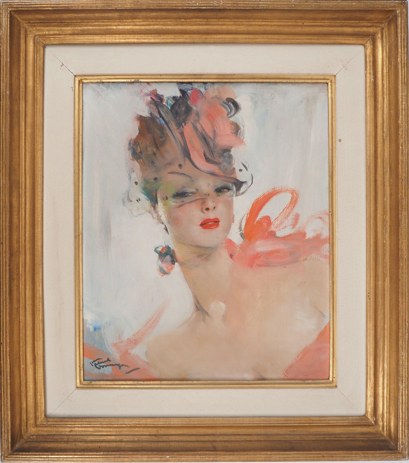 Jean Gabriel Domergueyoung Woman With Pink Ribbon And Hat   Original Oil Painting, Handsigned