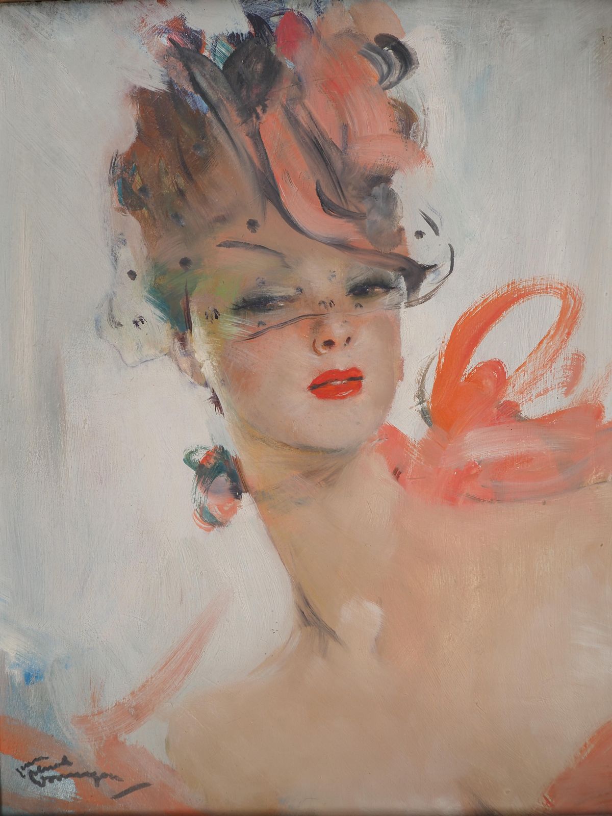 Jean Gabriel Domergueyoung Woman With Pink Ribbon And Hat   Original Oil Painting, Handsigned photo Art
