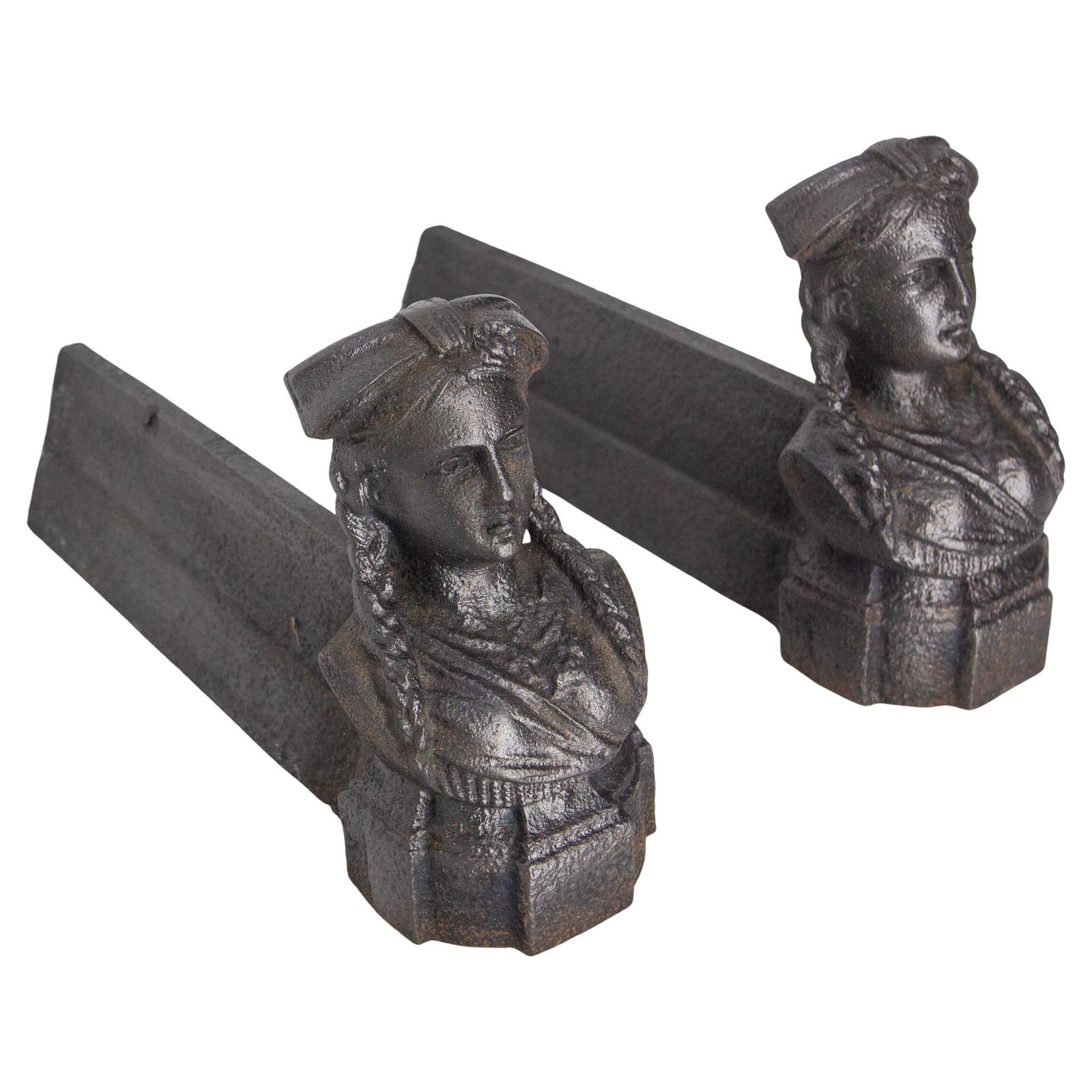 Pair Of Napoléon III Wrought Iron Andirons Bust Woman Braids France, Circa 1890