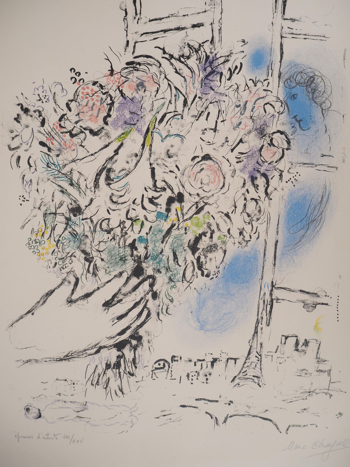 Marc Chagallgift Of Flowers & Eiffel Tower   Original Lithograph, Handsigned (Mourlot #417)1964 photo for sale