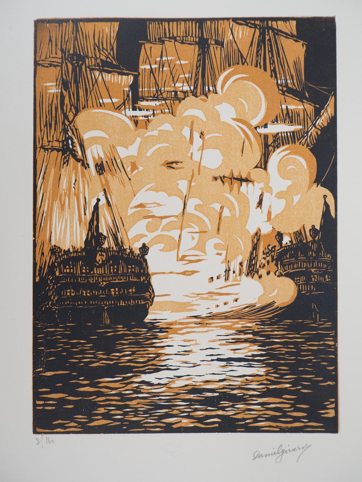 Daniel Girardnaval Combat : The Sailboats   Original Wooodcut, Handsigned And Numbered / 1601925 photo vinterior